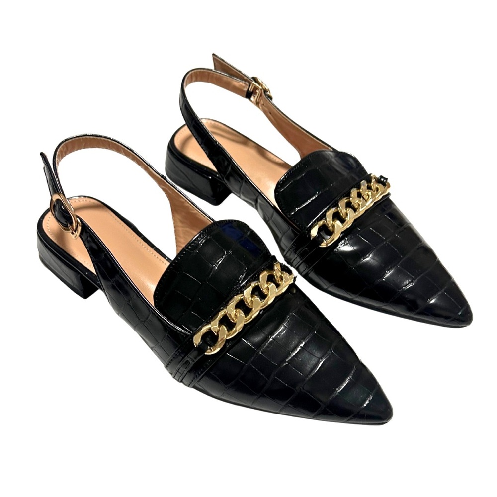 Black Crocodile Embossed Vegan Leather Pointed-Toe Gold Chain Flats Size 6 (36)